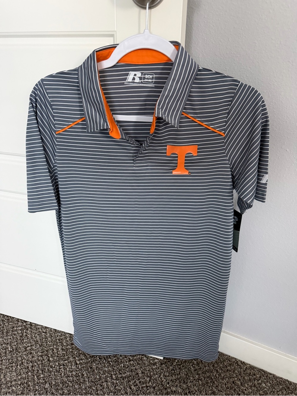 Russ Gray Striped Polo with Tennessee Titan Orange Logo and Trim